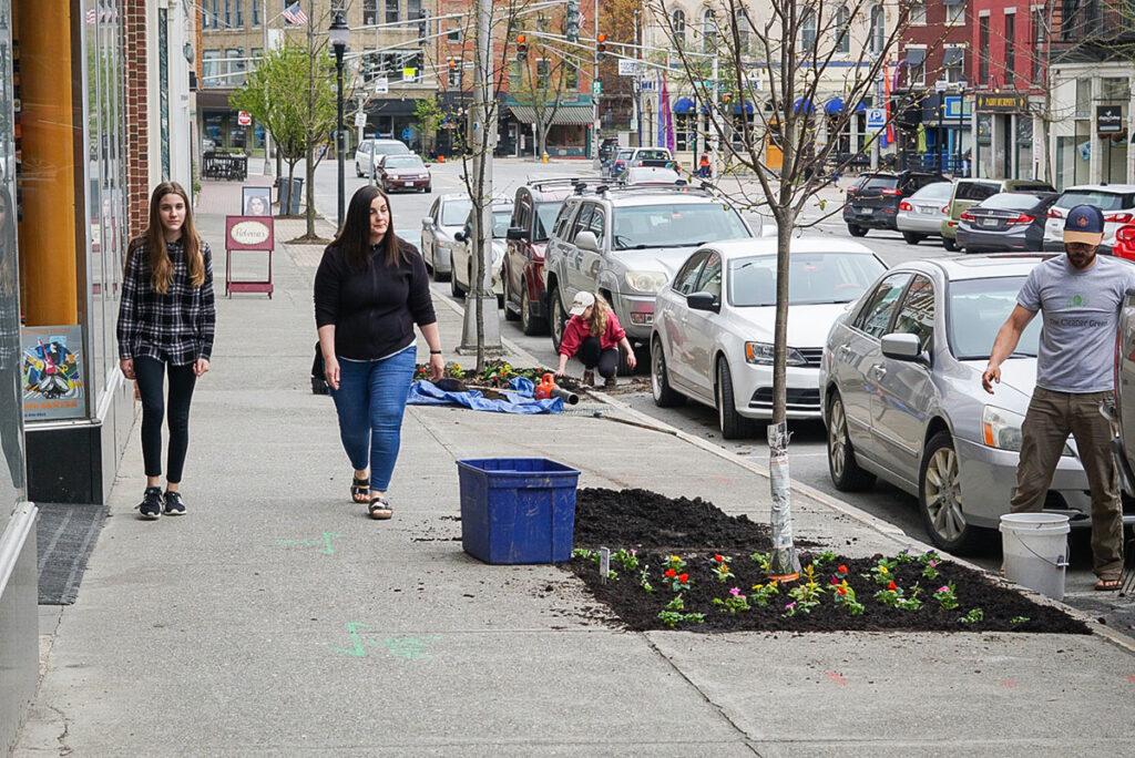 Workers planting flowers beside trees on the sidewalk.
